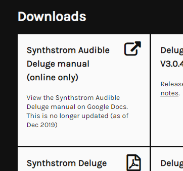 Synthstrom Audible Deluge manual (online only) View the Synthstrom Audible Deluge manual on Google Docs. This is no longer updated (as of Dec 2019)
